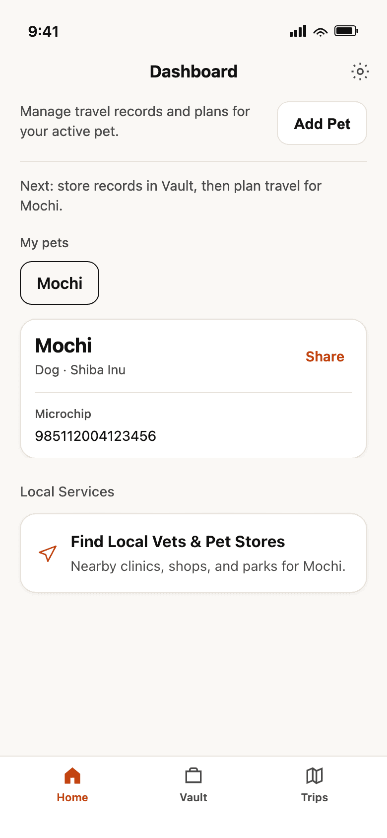 Pet Passport home showing a selected pet and Find Local Vets card for international travelers
