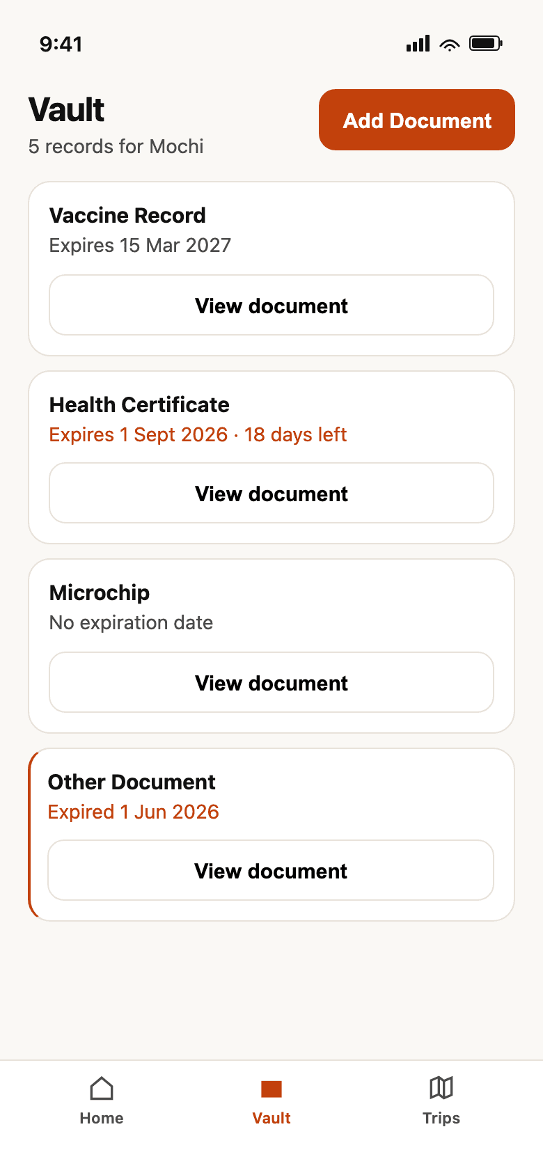 Digital pet passport vault listing vaccination records with amber expiration warnings