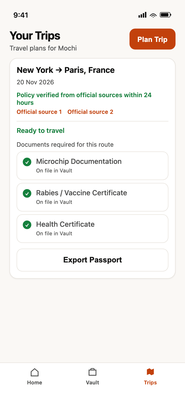 Paris international pet travel trip marked ready with one-tap digital passport export