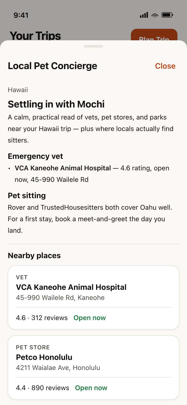 AI vet concierge sheet listing nearby vets, pet stores, and parks for a Hawaii trip